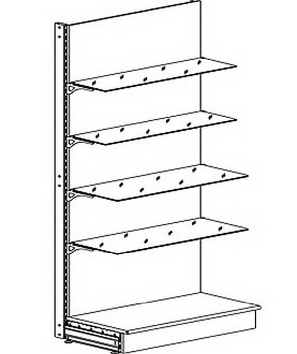 Стеллаж Praktisch торговый с полками из стекла и с панелью ДСП L=1000 Н=2350