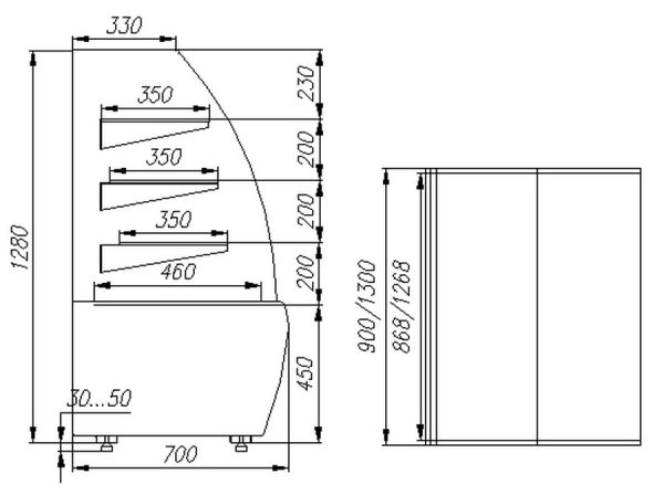 Витрина кондитерская Полюс K70 VM 1,3-2 STANDARD 9006-9005 (ВХСв-1,3д Сarboma ТЕХНО (открытая)